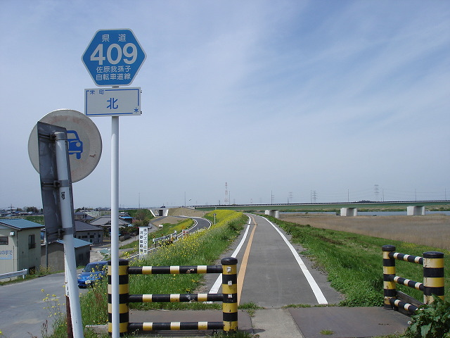 利根川の堤防上を通る千葉県道409号(佐原我孫子自転車道線)
