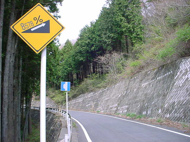 茨城県内にある「登り勾配8.578%」の注意標識(2002年4月6日撮影)